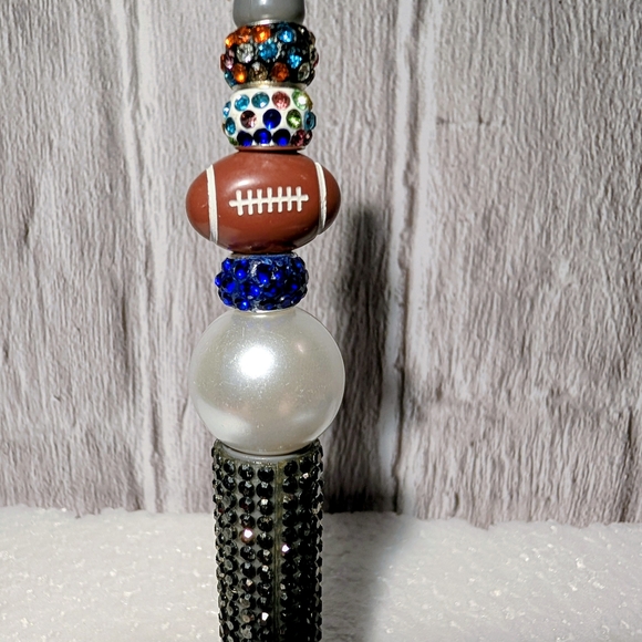2 Beaded Pens - Gold and Pink Beaded Pen And Gray Football Themed Pen - Picture 3 of 4